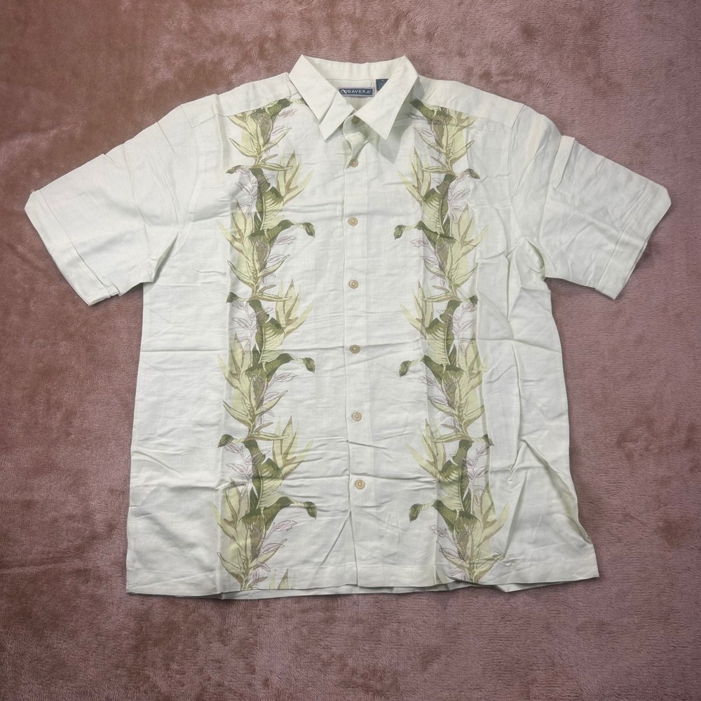 Cubavera Mens XL Linen Blend Lime Green Short Sleeve Button Down Tropical Leaf‎